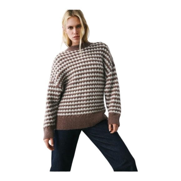 ZARA Brown and White Striped Oversized Slouchy Cozy Crewneck Knit Sweater Large - Picture 15 of 15